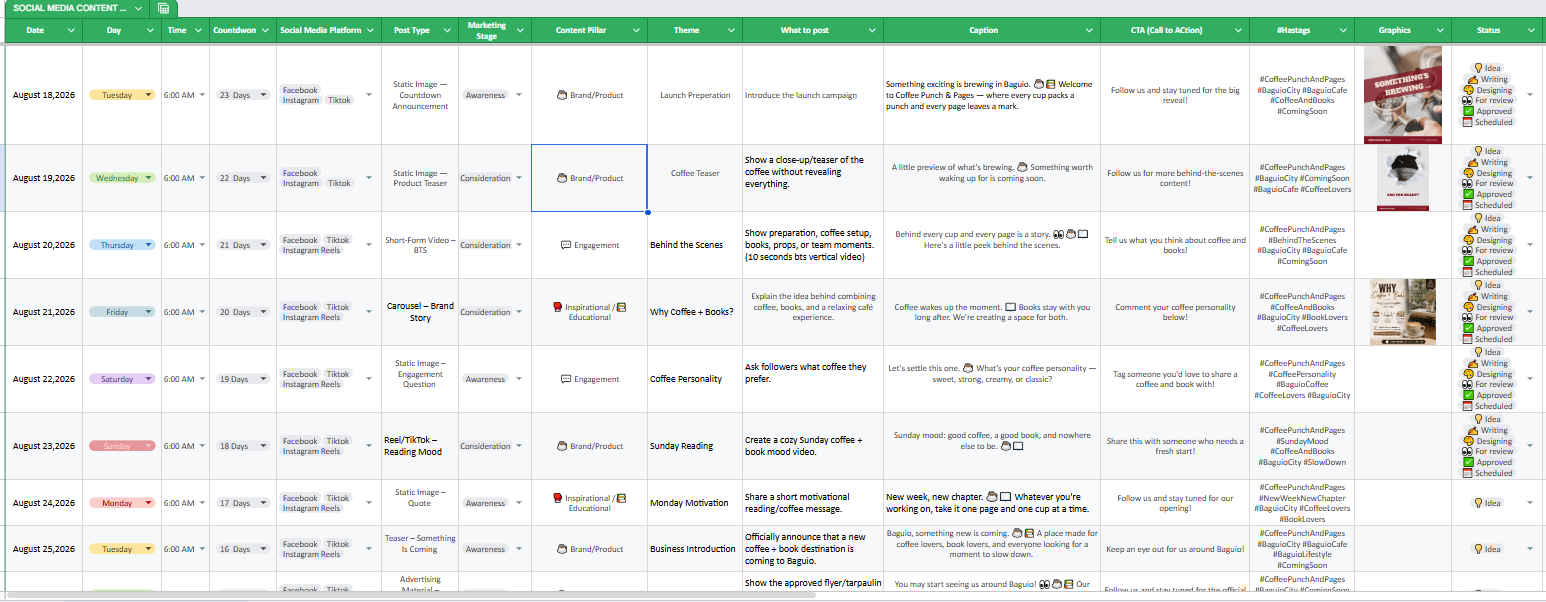 Social media content calendar spreadsheet showing date, day, time, countdown, platform, post type, marketing stage, content pillar, theme, what to post, caption, CTA, hashtags, graphics and status columns