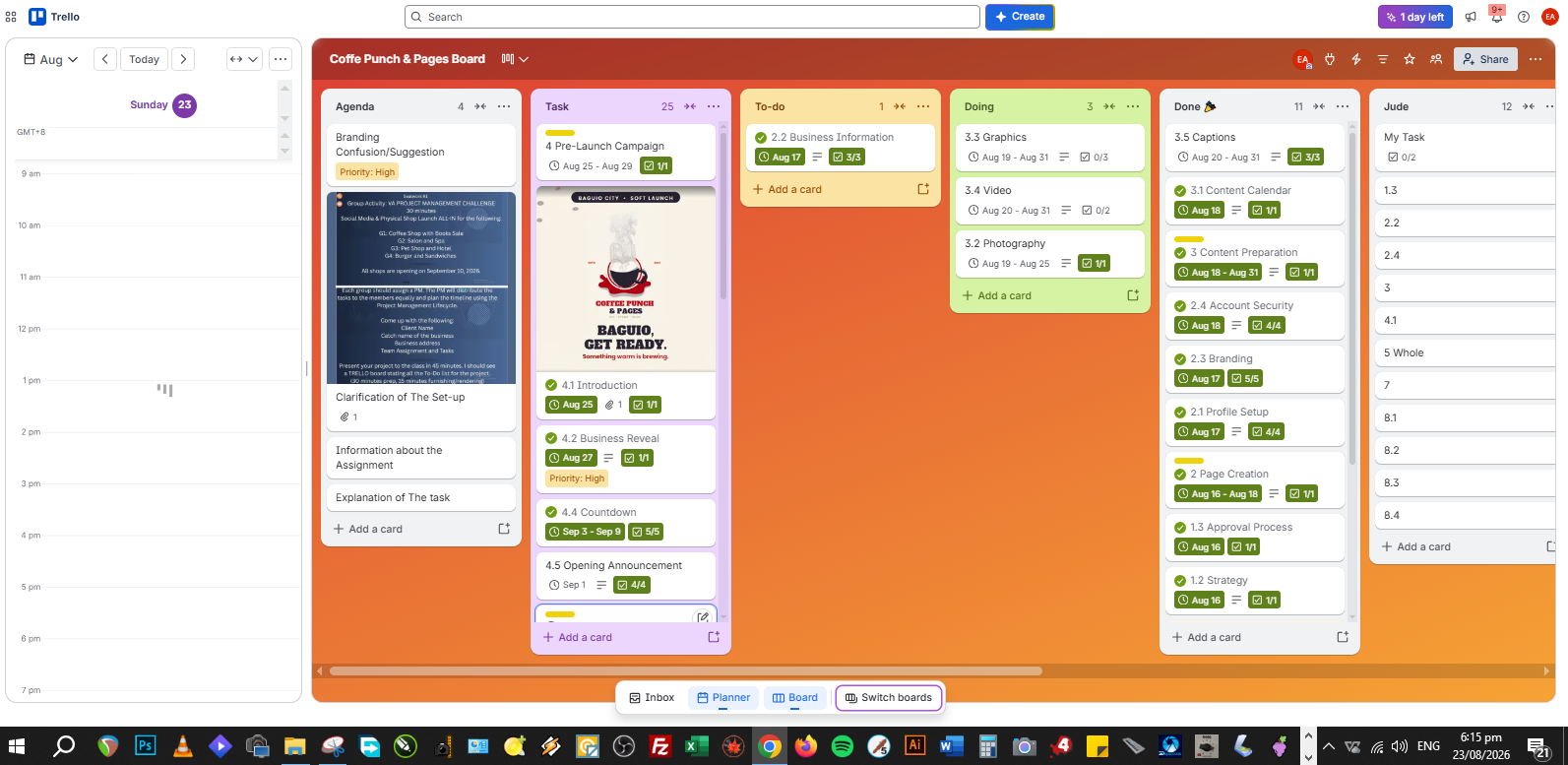 Trello board for Coffee Punch & Pages showing Agenda, Task, To-do, Doing and Done lists with dated cards for content calendar, graphics, captions and video