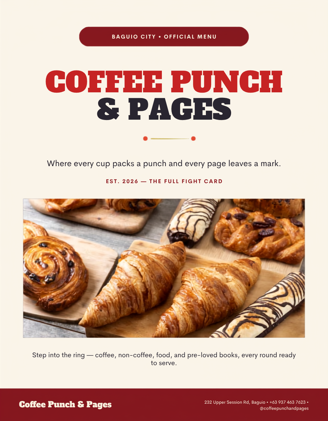 Coffee Punch & Pages official menu cover — Baguio City, The Full Fight Card, with pastries photo and shop details