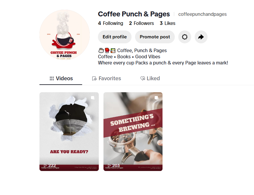 Coffee Punch & Pages TikTok profile showing branded videos and follower engagement