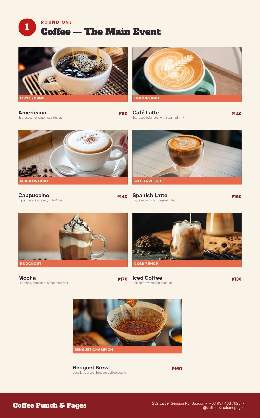 Menu Round One — coffee menu presented as boxing weight classes with prices