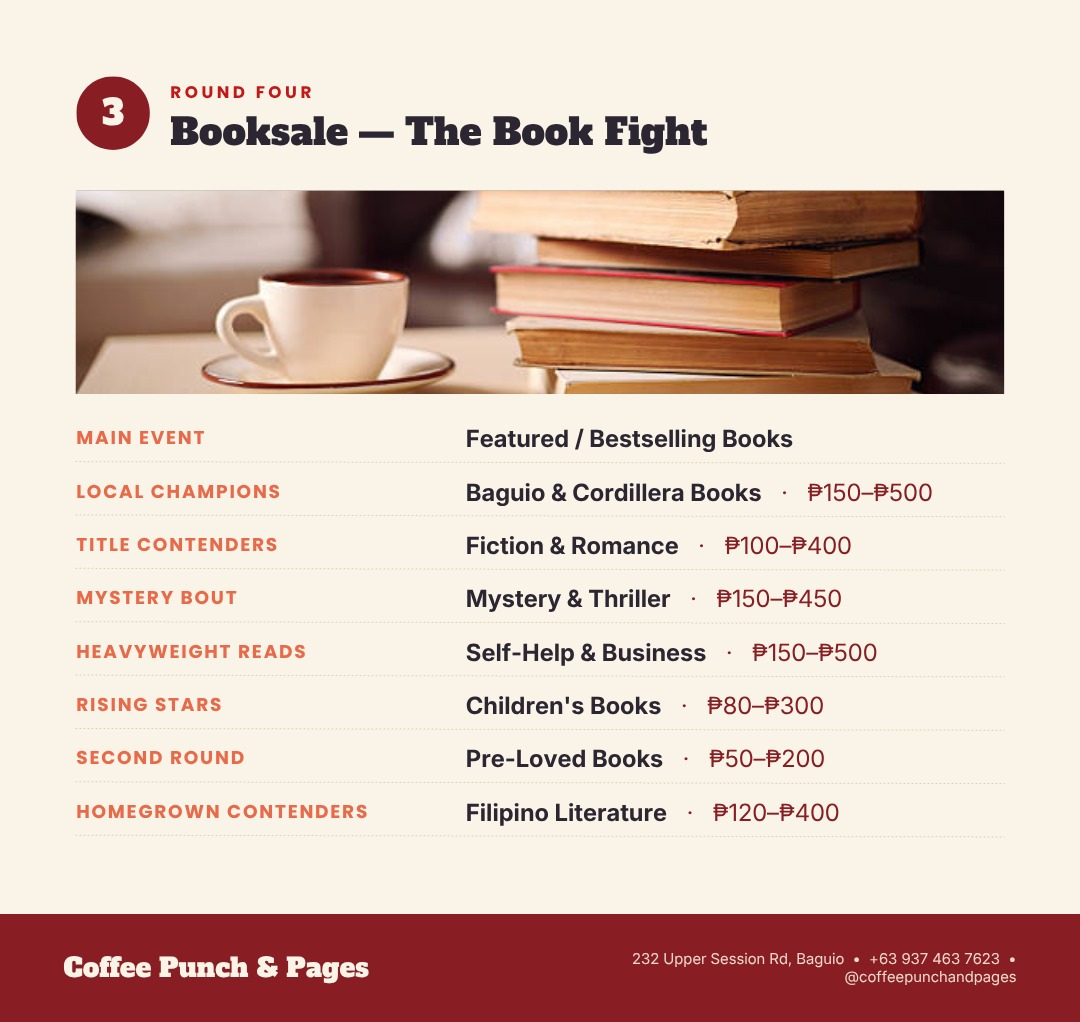 Menu Round Four — Booksale, The Book Fight, listing book categories and price ranges