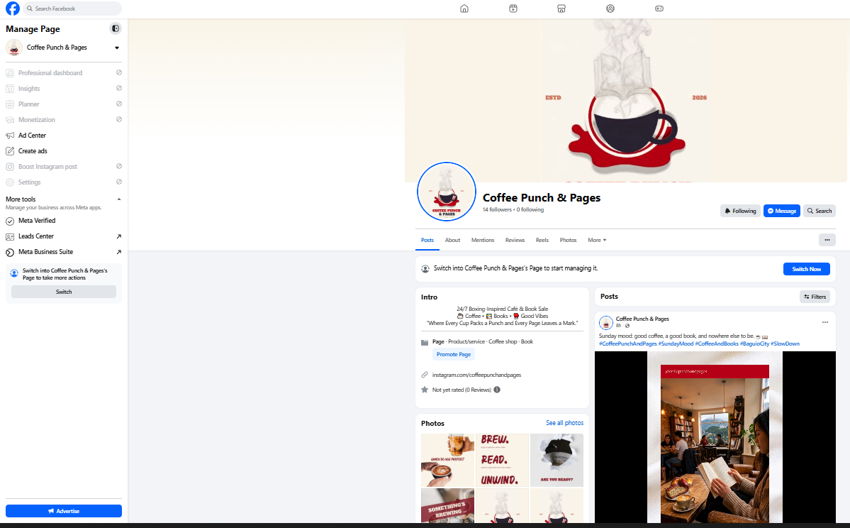Coffee Punch & Pages Facebook page with branded cover photo, intro details and published posts