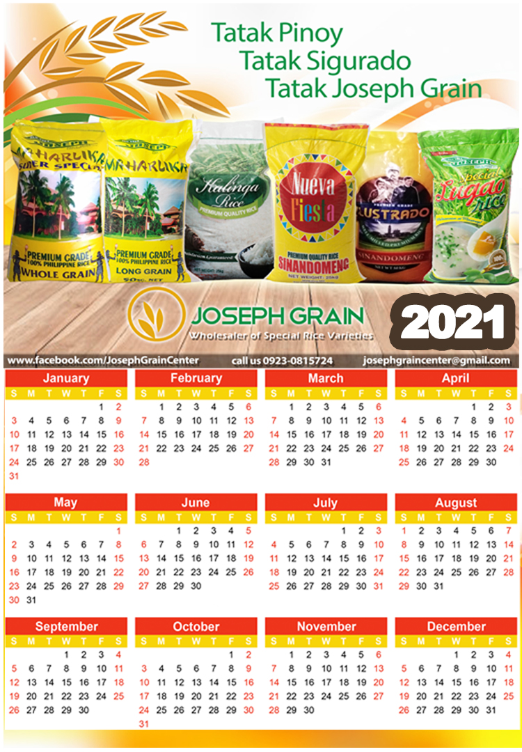 Joseph Grain 2021 wall calendar design with rice product line-up and full-year grid