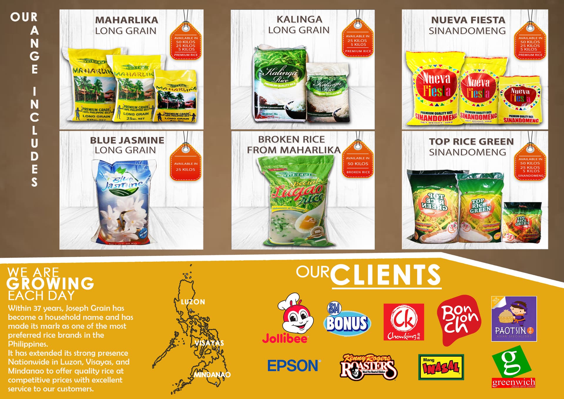 Joseph Grain brochure back panels showing the rice product range and client list