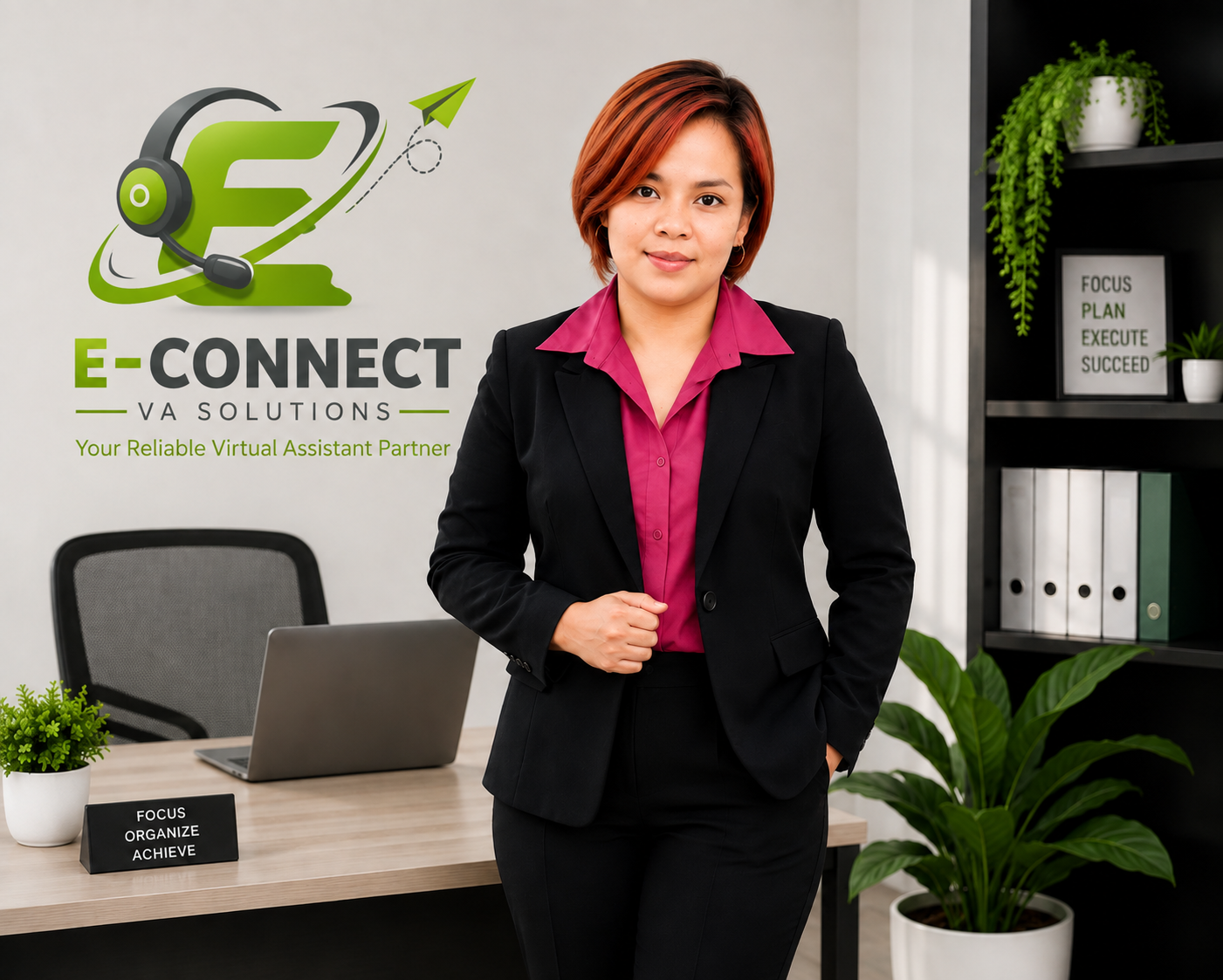 Professional headshot of the E-Connect VA Solutions virtual assistant in an office