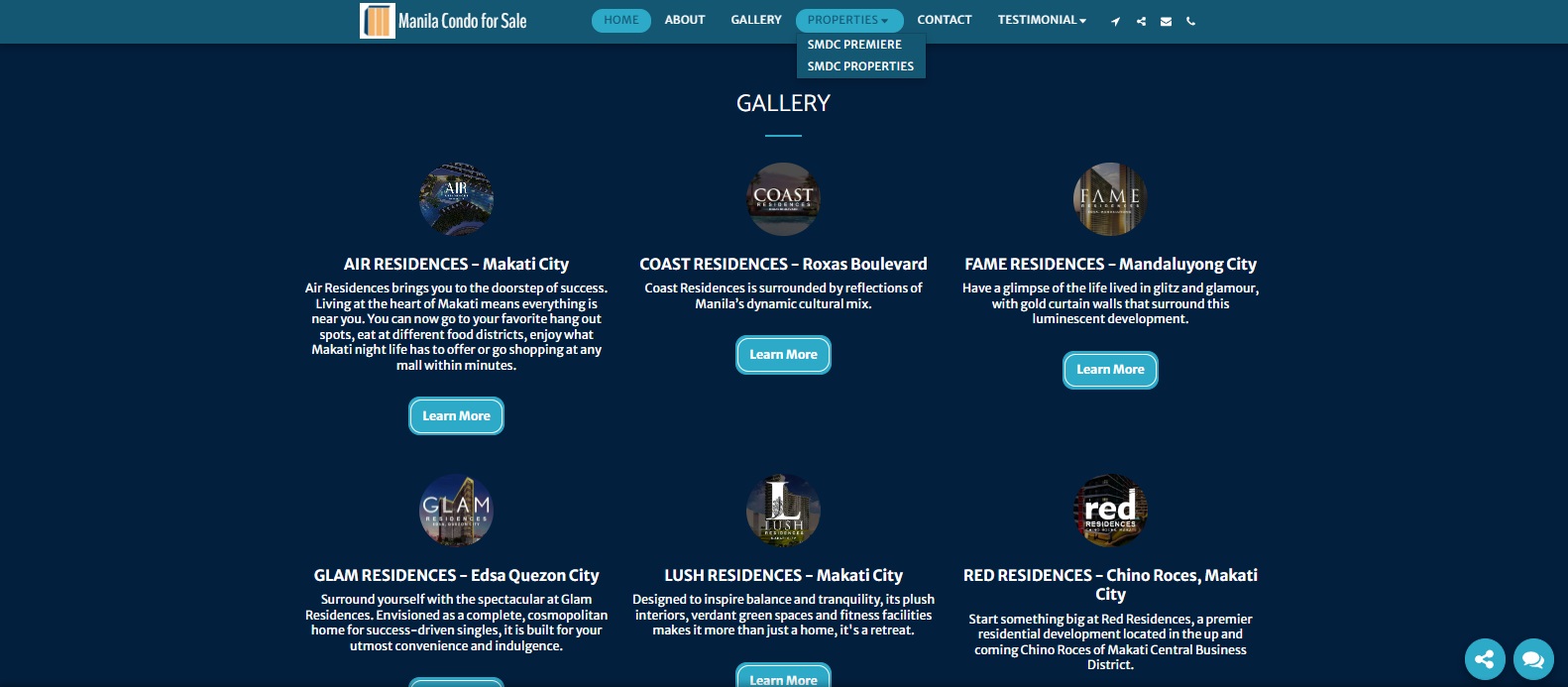 Archived Manila Condo for Sale gallery page with condominium development cards and Learn More buttons