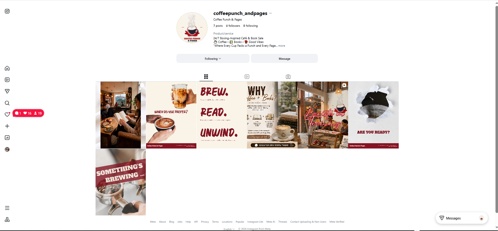 Coffee Punch & Pages Instagram profile grid showing branded launch posts and reels