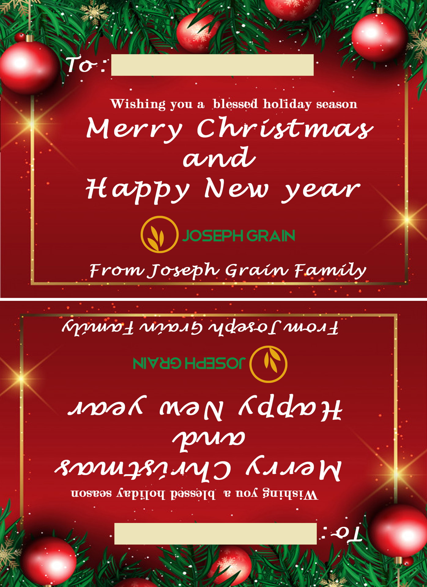 Joseph Grain thank-you card final two-up print layout, front and mirrored side