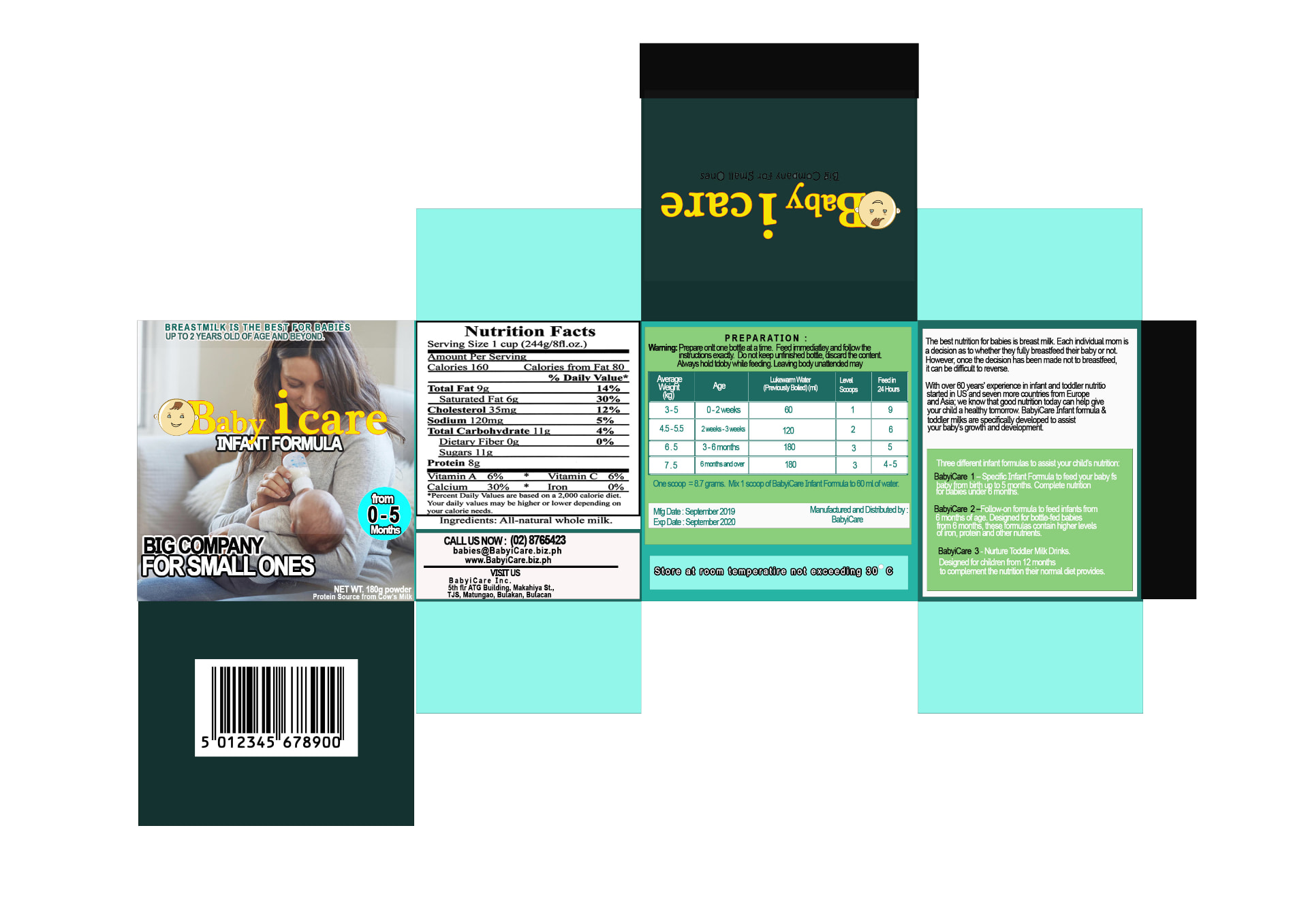 Baby iCare infant formula packaging die-cut artwork with nutrition facts and preparation instructions