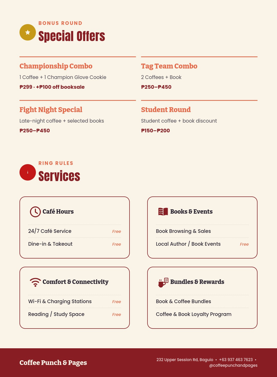 Bonus Round — Special Offers bundles and Ring Rules services including café hours, books and events, connectivity and loyalty program