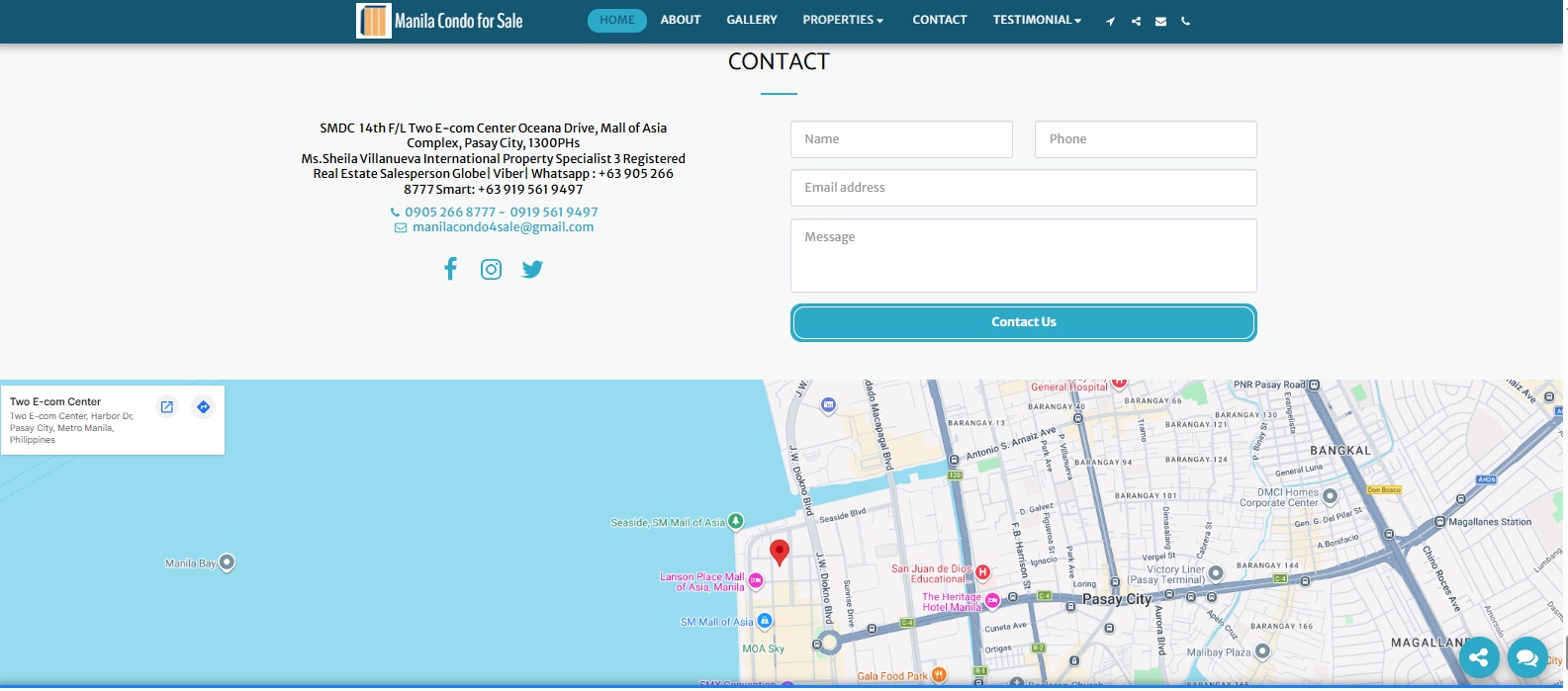 Archived Manila Condo for Sale contact page screenshot with inquiry form and location map
