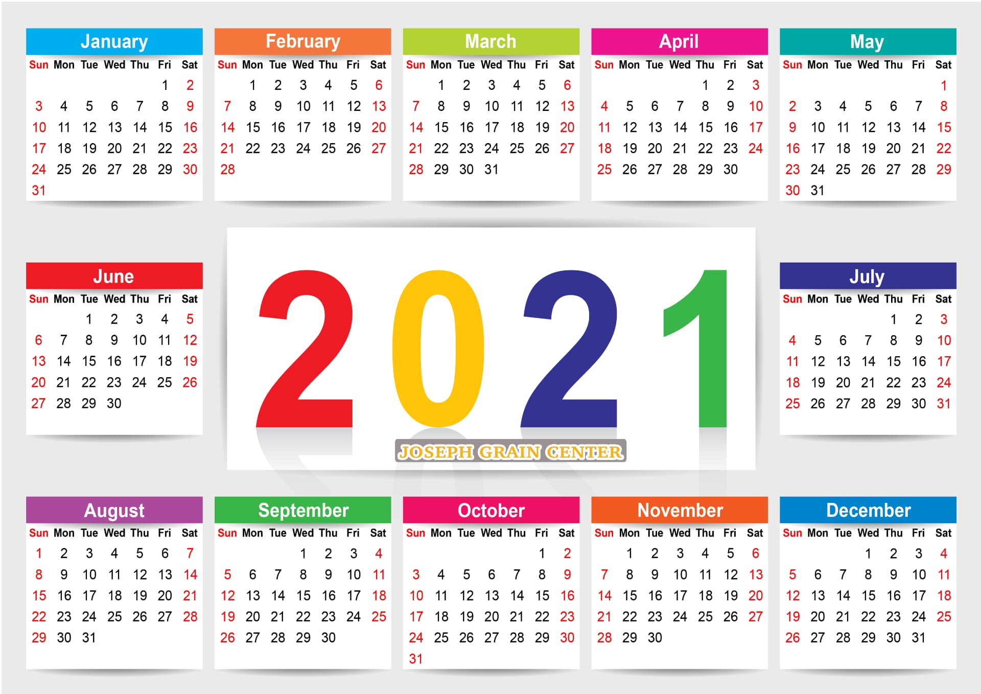 Joseph Grain Center 2021 twelve-month calendar grid layout