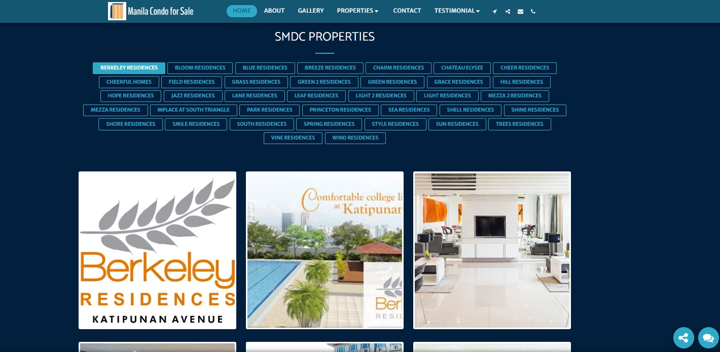 Archived Manila Condo for Sale properties page with development filter buttons and project images