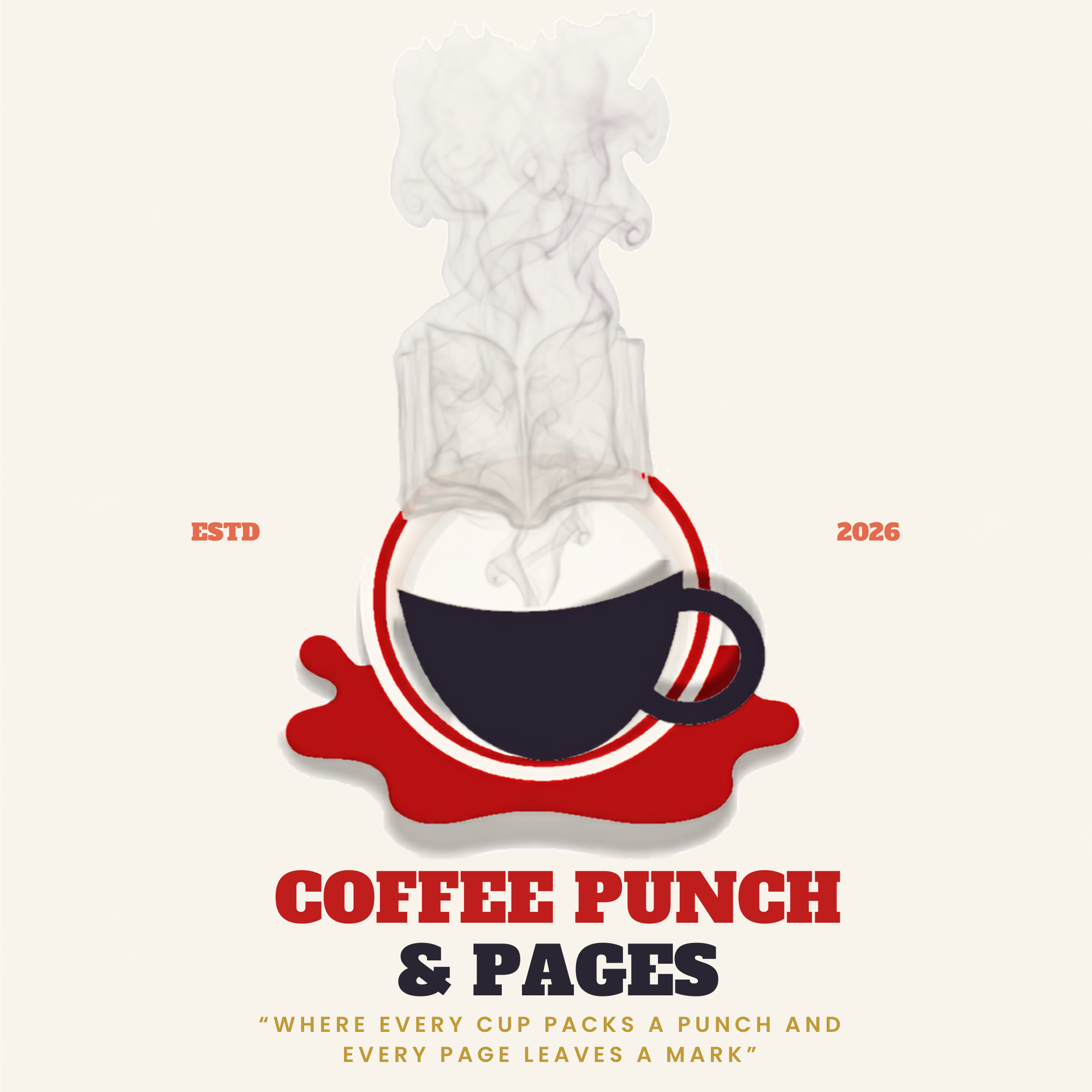 Coffee Punch & Pages logo: a coffee cup with an open book of steam over a red coffee splash, with the brand name and tagline