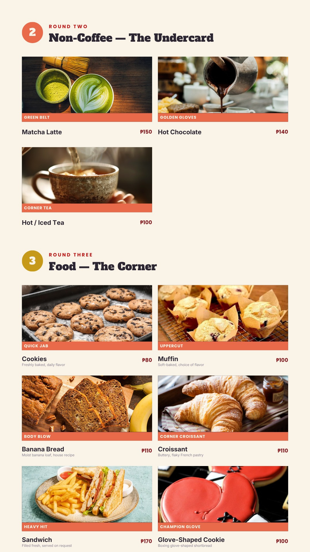 Menu Rounds Two and Three — non-coffee drinks and food items with boxing-themed labels and prices