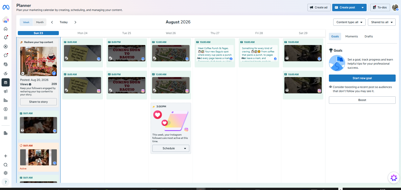 Meta Business Suite Planner showing the week of scheduled Coffee Punch & Pages posts across Facebook and Instagram