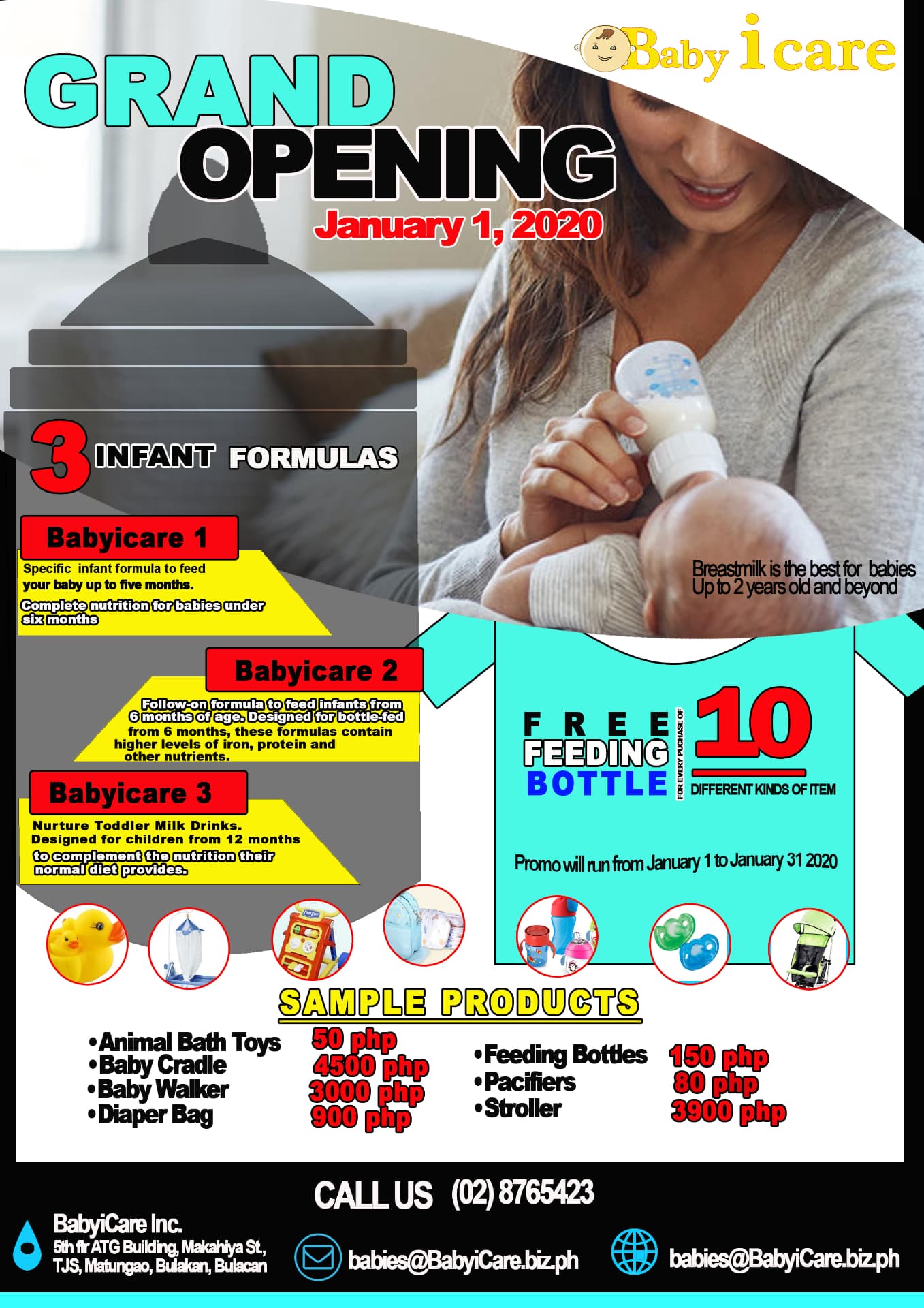 Baby iCare grand opening promotional poster with infant formula range and sample product prices
